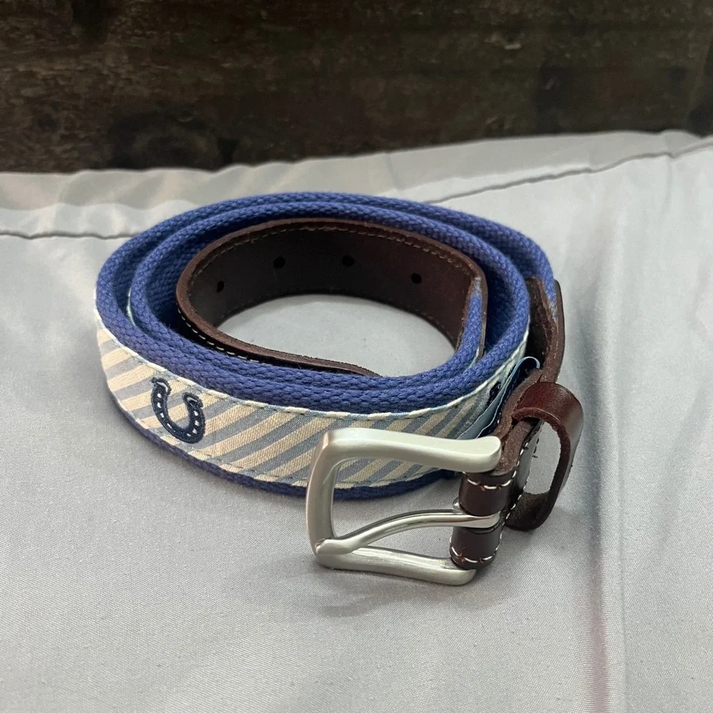 Vineyard Vines Mens 147th Kentucky Derby Horseshoe Canvas Leather Belt Blue 34